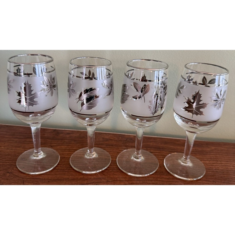 4 Vintage Libbey Glass Co. Silver Leaf Rimmed / Frosted Wine Glasses 5.75" Tall
